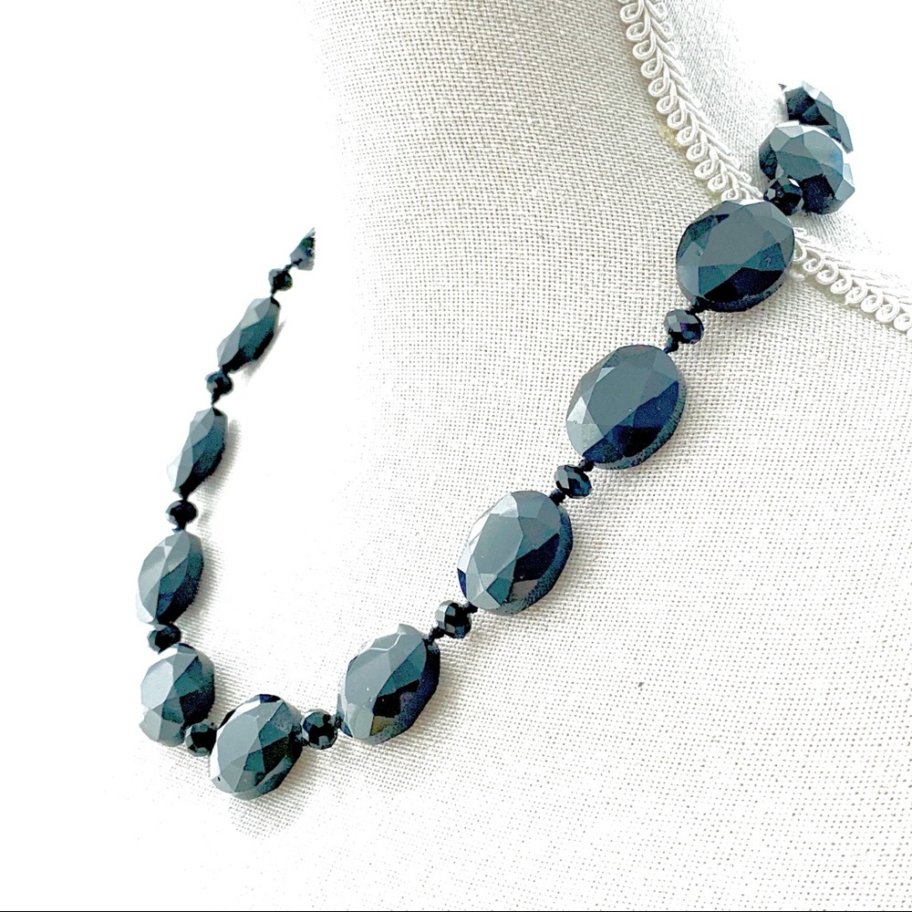 Vintage Necklace Round Faceted Black Glass Bead Stone Adjustable Dark Academia